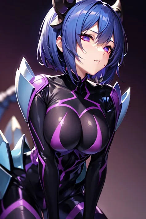 waifu spider milf blue hair, with light armor, with spider eyes, with spider legs, with a whiphigh resolution, ojos violetas,