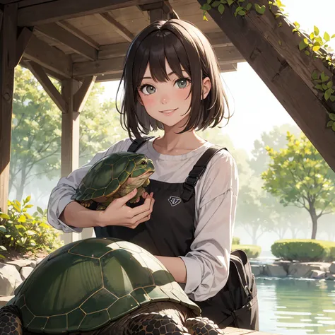 Girl holding a turtle,Looking at the camera，smile