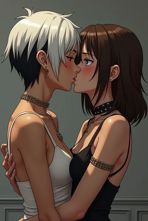 Serious Anime 2d lesbian girl with short white hair With black tips, light blues eyes, Dark skin,big scars on face, is a tomboy, she is with her girlfriend, her girlfriend Has Brown long hair, her girlfriend has rich clothes, her girlfriend is serious, the...