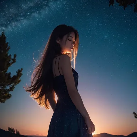 ((Best Quality)), ((masterpiece)), (detailed), One girl, A thin camisole dress , Eyes closed,Long Hair,Silhouette of a girl looking to the side,((masterpiece, Best Quality)), Night Sky,Peaceful, mystical and meditative atmosphere,Many twinkling stars,Shoot...