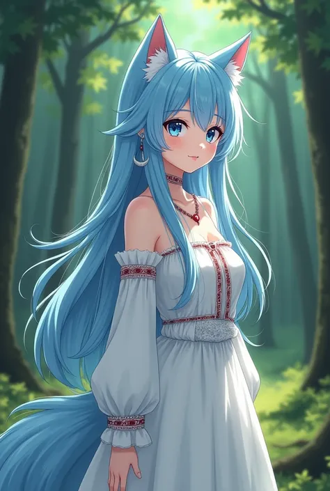 (adult wolf female:1.2), (solo:1.2), (wolf-girl:1.3), (long light blue hair:1.15), (light blue wolf ears:1.25), (deep blue beautiful eyes:1.1), (silver crescent moon earrings:1.1), (medium breast:1.1), (calm smile, protruding fang:1.2),  (fluffy wolf tail:...