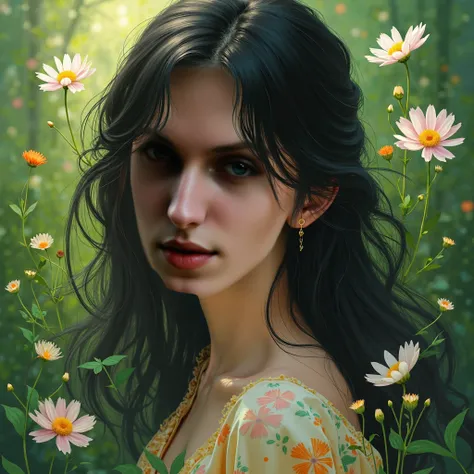 a beautiful young asian girl in a lush forest, long flowing hair, detailed eyes and face, serene expression, flowers in the background, natural light, detailed realistic painting, intricate details, vibrant colors, cinematic lighting, fantasy art style, hi...