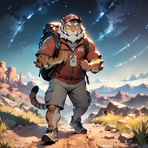 masterpiece, best quality, very aesthetic, absurdres, super fine illustration, BREAK [face:full body:10], looking away, from above, american country, backpacker, plump middle-aged tiger man, fluffy body, tail, brown eyes, beautiful beard, male face, big fa...