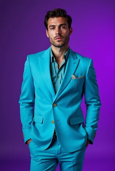 Create a male model with turquoise blue clothing on a purple background