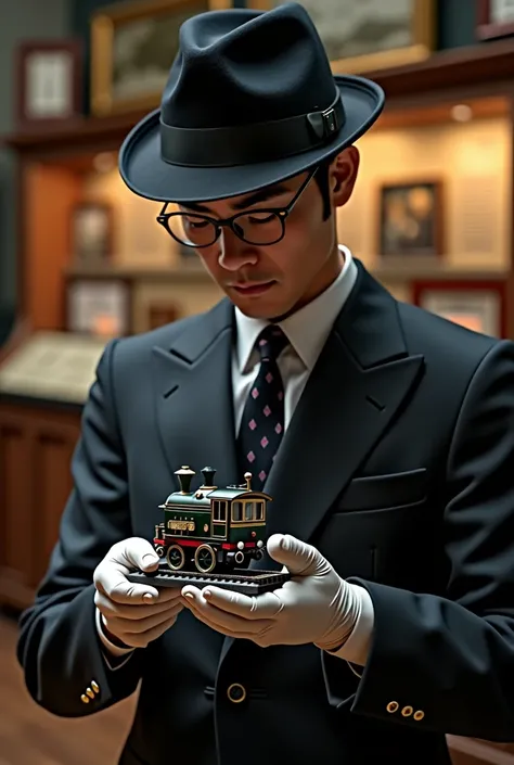 A Japanese man in his 40s, wearing glasses, a black bowler hat, an all-black suit and white gloves, holds a black train model and smiles as he ponders in an old museum