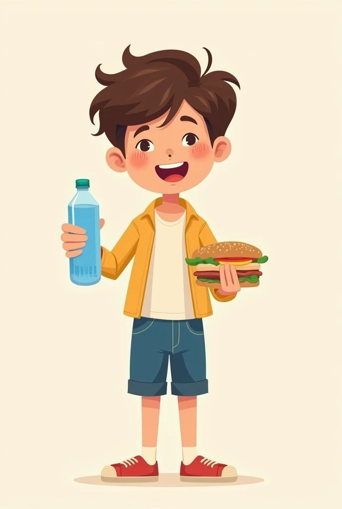 Standing kid holding a sandwich and water drawing
