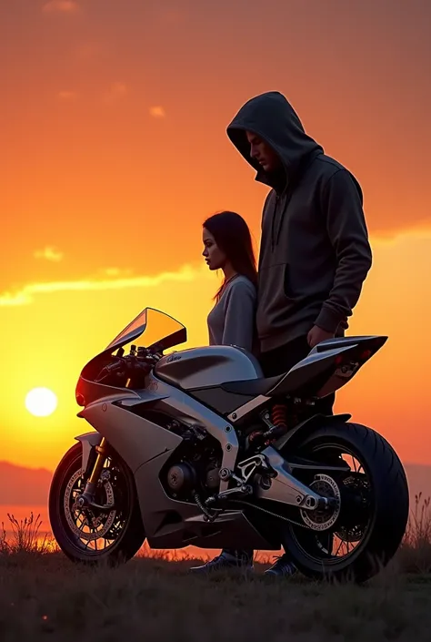 Shadow man on a sunset with a girl besiding a race bike