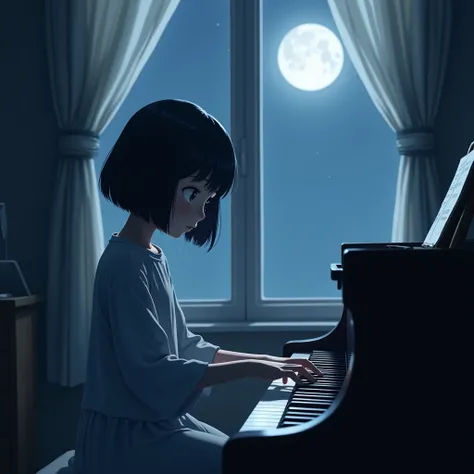 night、moonlight、Girl playing piano、Black Bob、Clear、The curtains are fluttering、To、From the side