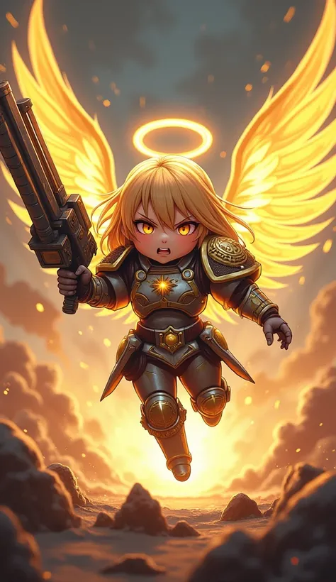 anime, chibi, angel girl with a heavy bolter at the ready and a sacred sword, golden glow, giant wings, Angry, warhammer design, flies through the warp