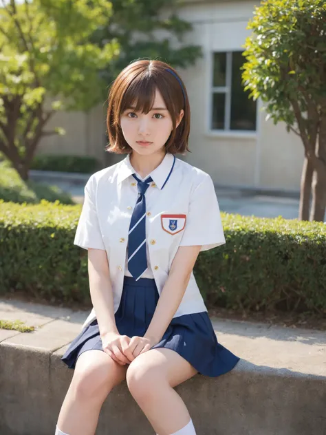 (masterpiece, Best Quality, Best Quality, Official Art, beautifully、aesthetic:1.2), (Realistic,RAW Photos, Best Quality),(One girl), (Misaka Mikoto Cosplay:1.2)、Clear images、Best Quality、8k、Brown Hair、Asymmetrical Very Short Hair、hairpin、Tokiwadai Junior H...