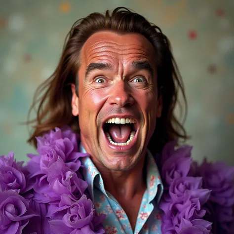 Create a close-up image of Arnold Schwarzenegger sitting in a room, wearing a purple flower-patterned frock and long hair. His face should show a funny expression with his mouth wide open as if yelling. Ensure the focus is on his face and outfit, with a si...