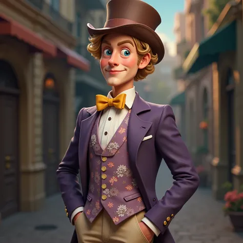 A man, curly blonde hair, blue eyes and fair skin.
He wears a brown top hat., a purple jacket, White long sleeve shirt with yellow bow tie, lavender floral vest, beige pants, brown shoes.