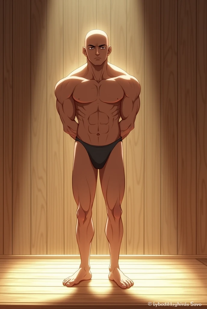 A Japanese man around 2、3 people、Completely naked、Naked、
Shaved Head、Muscular body、Strong body、
Standing on a stand、Man exercising、Baseball club、
Standing posture、Wooden wall、Bright interior、Embarrassed look、
Hands clasped behind back、
A man with a kind fa...