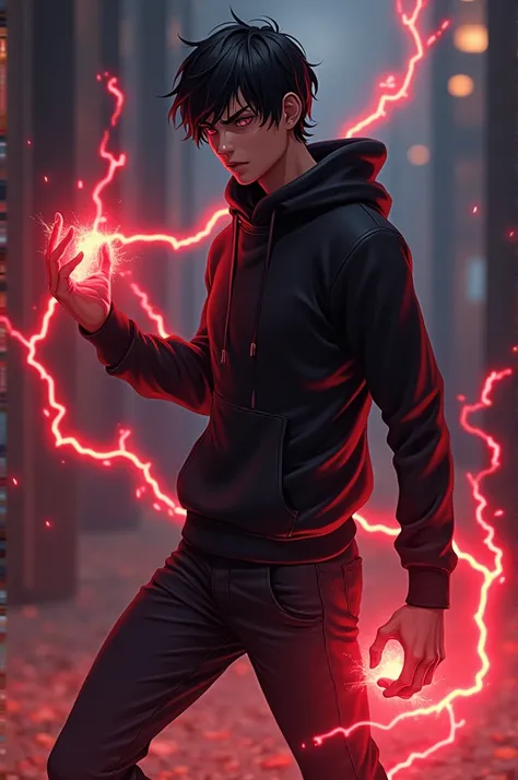 Anime handsome boy black hoodie black pant white sneakers little scratch in face sorcerer of electricity and very angry with red thunder 