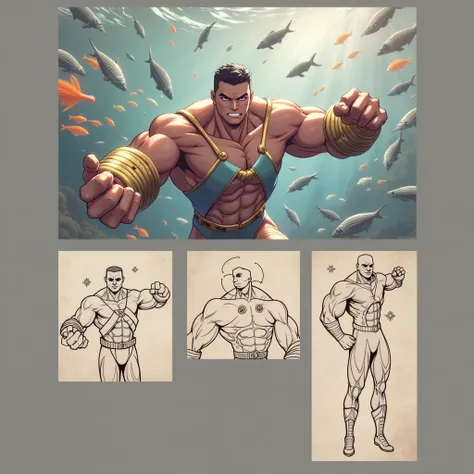 A male anime superhero costume highlighted muscles hd photo , aquatic hero inside the ocean , various fish and marine anomalies around