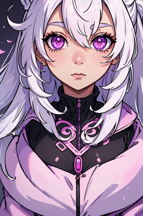 ((best quality)), ((masterpiece)), (detailed), perfect face, a black girl, , with curly white hair with lilac highlights, expressive pink eyes, bright and perfect.