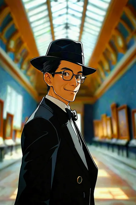 A Japanese man in his 40s, wearing glasses, a black bowler hat, an all-black suit and white gloves, looks at a small black train in an old museum, smiling and pondering.