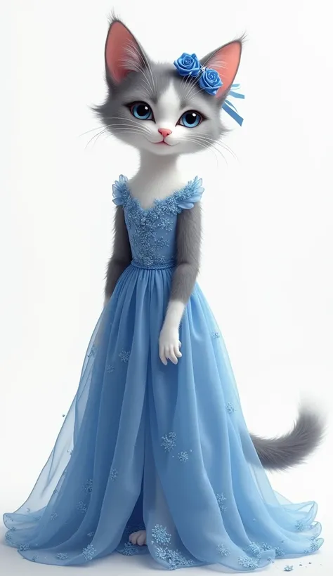 White Theme、A realistic grey and white cat、Wearing a blue dress　Cat&#39;s limbs　elegant silk dress　Hair accessories、Simple appearance、Blue accents、masterpiece、Best Quality、超High resolution、Award-winning art、Very detailed、beautiful、beautiful、Many flowers　Bl...