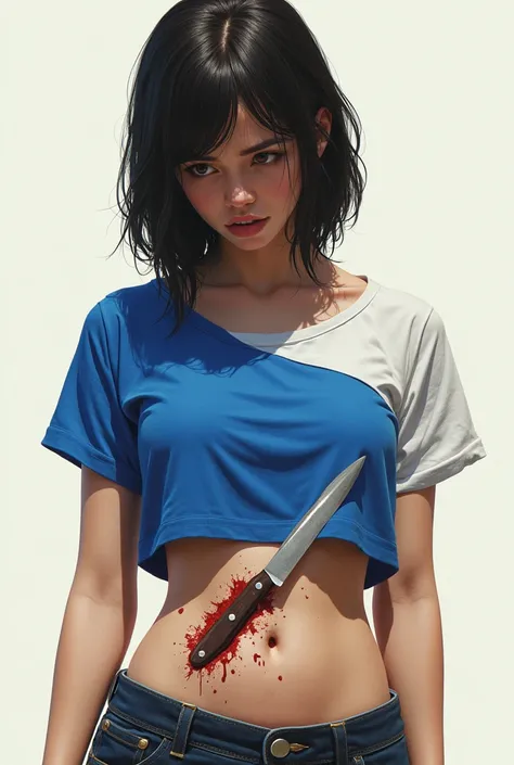 A girl in blue white half top  and a knife Peircing her belly 