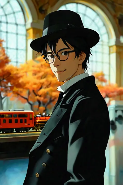 A Japanese man in his 40s wearing glasses, a black bowler hat, an all-black suit and white gloves looks at a small black train beside him in a museum, smiling and pondering.