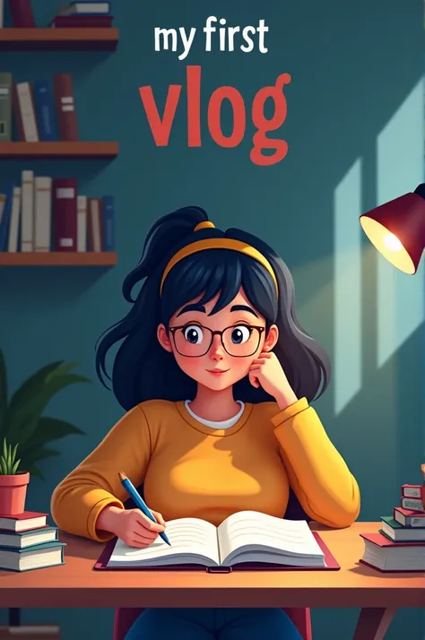 Design a focused YouTube thumbnail for a video titled My First Vlog - Hard Working in Study. The thumbnail should feature the vlogger intensely studying, surrounded by books, a laptop, or notes, conveying a sense of deep concentration and effort. The backg...