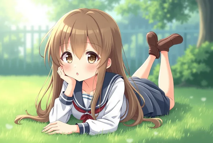 Anime girl in school uniform lying on her stomach on grass 