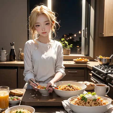 Exquisite and high-quality anime illustrations、Girl eating spaghetti in the kitchen at night, blonde, cute