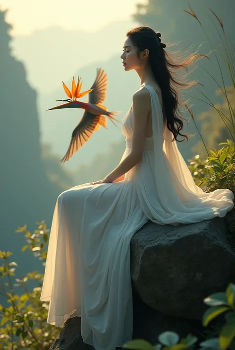 4k,a female elf sitting on a rock with a bird of paradise perched nearby. an elf with a beautiful Asian face with white skin, black hair flowing in the wind wearing a white dress, The setting is a dramatic landscape, perhaps at dusk, with the wings of a bi...