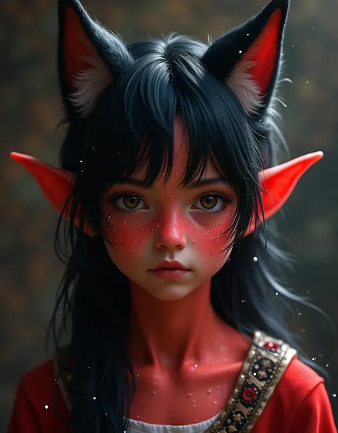 Boy ,long black hair between eyes Wolf ears, red with white sparkles,drop shadow, Renaissance, 