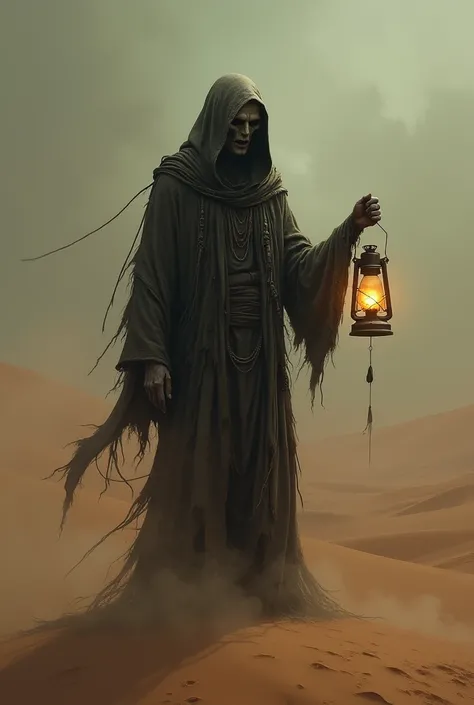 Scary man holding lantern in desert 