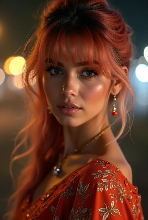 ultra-detailed, extremely detailed, masterpiece, highest quality, best quality, absurdres, highres, subsurface scattering, (1girl:1.5), (solo:1.4), (smile:1.1), red hair light blonde hair, asymmetrical hair, asymmetrical bangs, ponytail, medium bangs, hair...