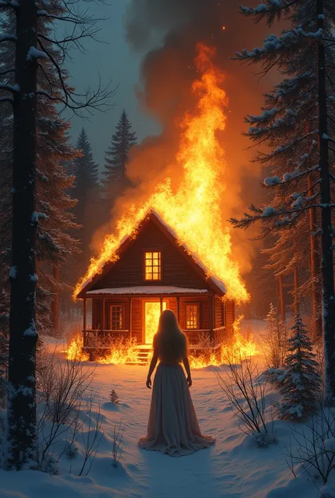 a house, 
in the middle of the forest is in blazing flames. A 2  woman with long blonde hair stands in front of it and watches the flames.  at night, in winter