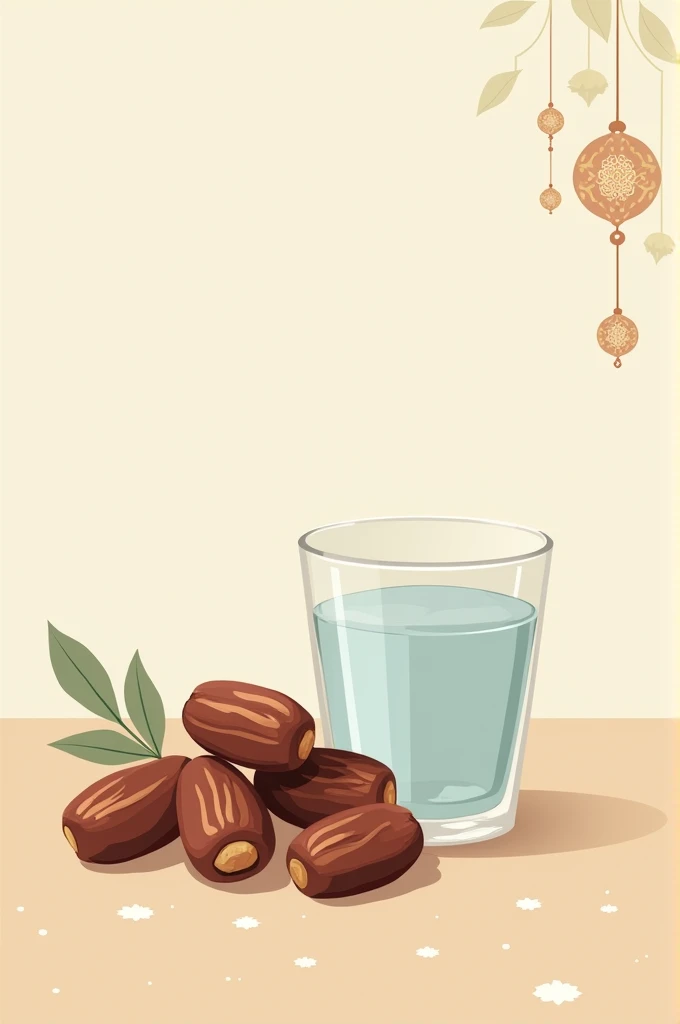 Design a Ramadhan greeting card featuring an illustration of dates and a glass of water, symbolizing breaking the fast, along with a fasting message.