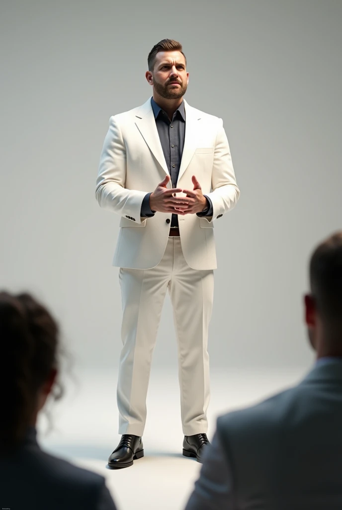 A man standing in a nice white suit explaining 