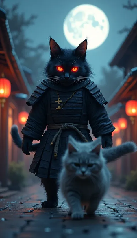 humanoid black samurai male cat eyes make red flashing, and gray cat run away from him with fear, black samurai cat wear samurai dress, in the  moon 🌙 night at the town like japanese style, furry 