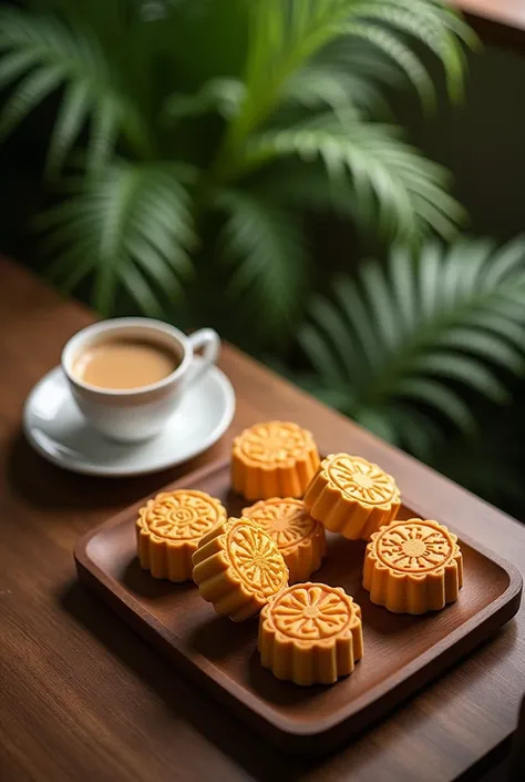 Photo concept: overlooking angle.Capturing the beauty of Mid-Autumn mooncake creations,Neatly arranged Mid-Autumn mooncakes served on a square wooden plate emphasizing the appearance and attractive texture.White porcelain small cup of Chengzhuang latte cof...