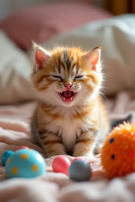 A smaller colorful kitten sitting on a bed enjoy with different toys  , detailed texture, photorealistic, 8K, hyperdetailed, intricate, finely detailed, masterpiece, stunning, rambo colors, soft lighting, shallow depth of field, cat portrait, open mouth an...