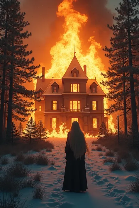 a big house, 
in the middle of the forest is in blazing flames. A 2  woman with long blonde hair stands in front of it and watches the flames.  at night, in winter