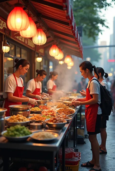 A shop in the sidewalk Where sell food five man and looking realistic 
