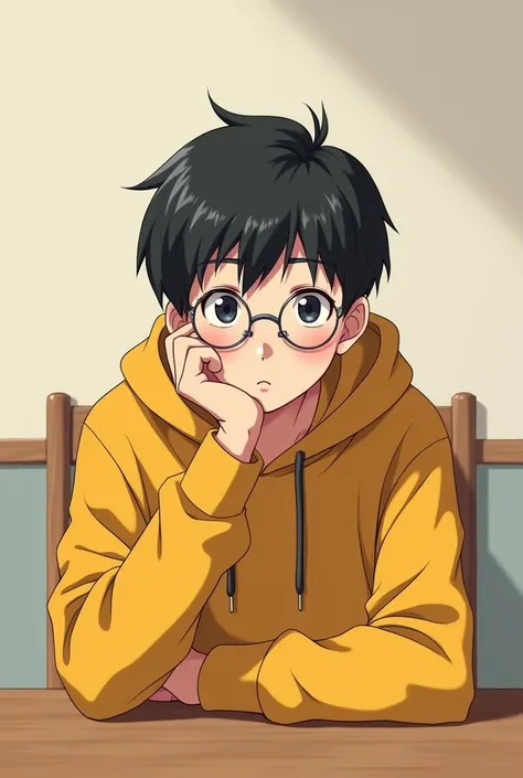 A 15 years anime boy sitting on chair behind the table 
Wearing yellow hoodie and spectacles 