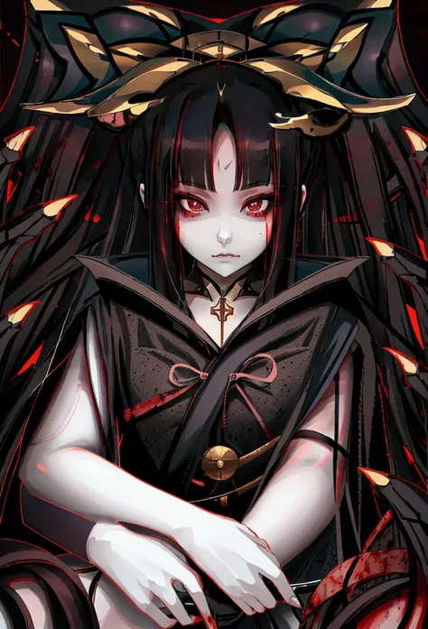 beautiful girl with dark purple eyes, long dark blue hair (stained with blood spots), focused expression, holding a katana sword...