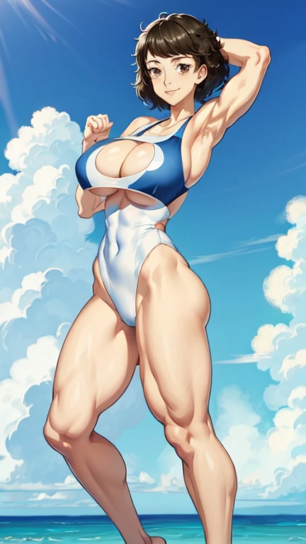 muscular, muscular female,white one-piece swimsuit,cleavage cutout biceps,swimsuit v,gigantic breasts,full body,sea background,smile shy,cute,underboobs,