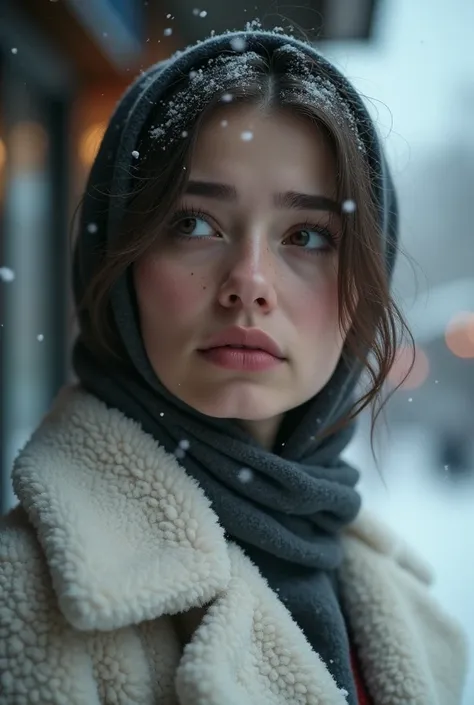 Muslim girl snow day　In front of the bus stop　Beauty　woman　Face close-up　White coat　Tears　Crying quietly　Natural Makeup　I can see the cafe　The face is hidden by hair　turn up one&#39;s coat collar　Looking up at the sky　it&#39;s snowing　Tear marks on cheeks　...