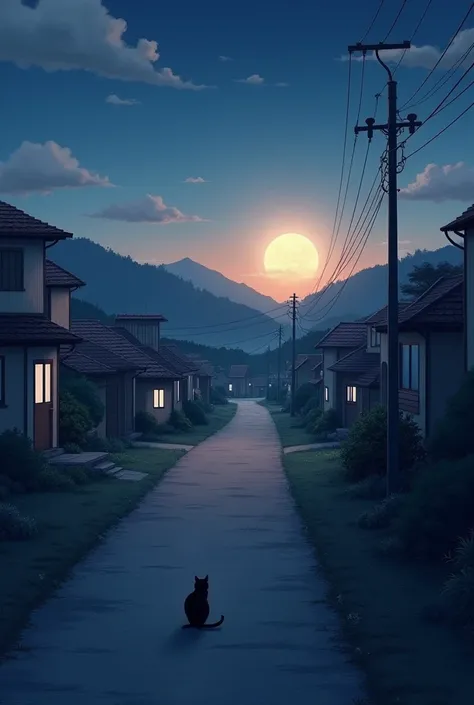 The town at sunrise. The moon is still visible, fading into the morning light. Everything is peaceful. A shadow of a cat can be faintly seen flying past the moon.