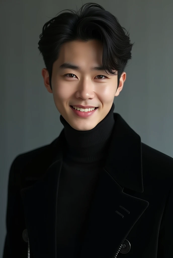 A Korean man dressed in black, handsome with a sly smile, realistic, 20 years old, fair skin.