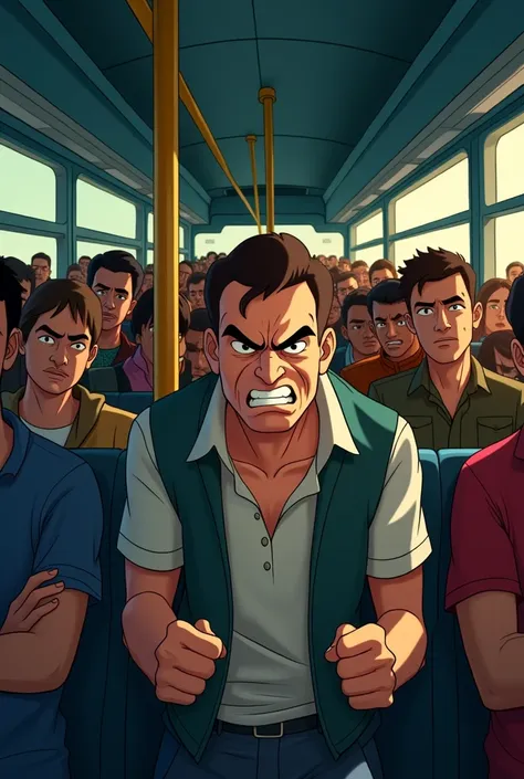 Angry man traveling bus crowd people in bus hand in hangaring in animation
 in 
video
