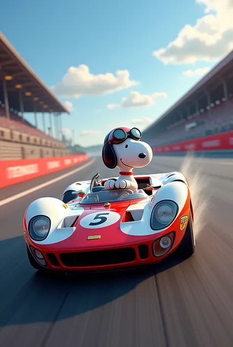 Snoopy drives a sports car，race on racing track