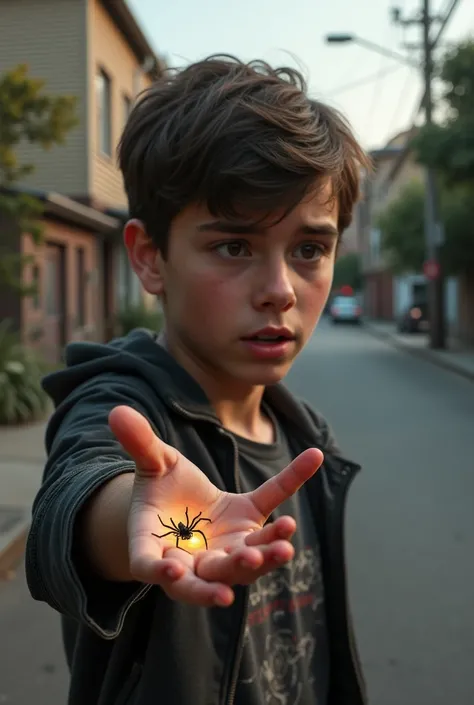  A real life  teen boy got bitten on a radioactive spider on his wrist 
