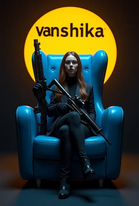 Black background and blue modner chaire and in background tipe vanshika, big sig golden light and full dark light and on the chair sit a women with weapons mp40