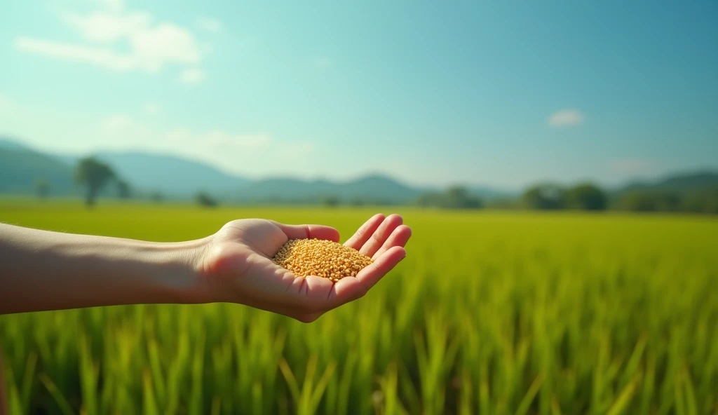 Close-up shot of Dian Sastro&#39;s hand (20 years old) that touches the rice grains. Background of lush green rice fields, the vast blue sky. masterpiece, realistic, Ultra HD, ultra high resolution, 8K, <xml><input>cinematic, upscale. 